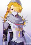  androgynous bandages blonde_hair dark_skin hair_over_one_eye long_hair red_eyes reverse_trap sheik simple_background solo the_legend_of_zelda the_legend_of_zelda:_ocarina_of_time the_legend_of_zelda:_twilight_princess yasaikakiage 