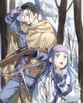  1boy 1girl absurdres asirpa black_gloves black_hair blue_eyes blue_hair cape chamuring child coat commentary_request gloves golden_kamuy hair_slicked_back hairband hand_in_own_hair highres holding holding_weapon hood hooded_cape korean_commentary long_hair loose_hair_strand ogata_hyakunosuke snow tree weapon 