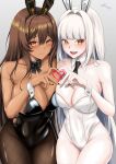  2girls 777_(nikke) :d absurdres animal_ears backless_leotard bare_shoulders black_bow black_bowtie black_leotard black_nails black_necktie blanc_(nikke) blunt_bangs blush bow bowtie breasts brown_hair cleavage closed_mouth collarbone commentary cowboy_shot dark-skinned_female dark_skin detached_collar fake_animal_ears fishnet_pantyhose fishnets goddess_of_victory:_nikke groin hair_between_eyes heart heart_hands heart_hands_duo highleg highleg_leotard highres large_breasts leotard long_hair looking_at_viewer medium_breasts multiple_girls necktie noir_(nikke) open_mouth pantyhose playboy_bunny rabbit_ears ramiki_(ramesgoag) siblings sidelocks signature simple_background sisters smile standing strapless strapless_leotard teeth thong_leotard twins very_long_hair white_hair white_leotard white_nails wrist_cuffs yellow_eyes 