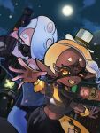  2girls absurdres blonde_hair blue_hair city collar colored_eyelashes colored_skin crop_top dark-skinned_female dark_skin fangs forehead frye_(splatoon) hair_over_one_eye hand_fan hat highres holding horns manma_628 mask moon multicolored_hair multiple_girls night night_sky open_mouth pants pointy_ears red_eyes shirt shiver_(splatoon) sky sleeveless smile splatoon_(series) splatoon_3 star_(sky) tentacle_hair thick_eyebrows thick_eyelashes top_hat white_headwear yellow_eyes yellow_shirt 