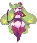  areola blush breasts covering_mouth female fishnet flora_fauna green_hair hair looking_at_viewer nintendo nipples pink_eyes plant pok&eacute;mon raikissu riding_crop small_breasts standing tsareena video_games whip wide_hips 