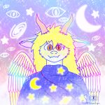 blonde_hair disembodied_eyes dragon dream feathers floating_eyes fog fur furred_dragon hair hi_res horn long_hair male moon orange_eyes solo somnarion_(artist) somnarion_(character) star white_body white_feathers white_fur wings yellow_body yellow_feathers yellow_fur