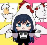  1girl ado_(utaite) bird black_bow black_bowtie black_coat blue_eyes blue_hair blush bow bowtie chandelier chando_(ado) chibi chicken chicken_costume cloud_nine_inc coat colored_inner_hair commentary_request dark_blue_hair gloves highres looking_at_viewer mole mole_under_eye multicolored_hair open_clothes open_coat open_mouth outstretched_arms pink_bag riseno shirt solo two-tone_background two-tone_hair utaite white_gloves white_shirt yellow_background 