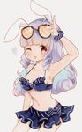  animal_ears bikini bunny_ears chuchu_(show_by_rock!!) curly_hair eyewear_on_head highres long_hair looking_at_viewer navel one_eye_closed purple_hair red_eyes show_by_rock!! simple_background solo sunglasses swimsuit traditional_media yuma_(mron_322) 