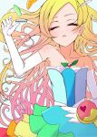  1girl aizawa_mena armpits bare_shoulders blush closed_eyes collarbone commentary_request cure_parfait dress elbow_gloves food gloves henshin highres kirahoshi_ciel kirakira_precure_a_la_mode long_hair multicolored_hair precure solo strapless white_gloves 