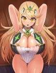  1girl :o absurdres adapted_costume alternate_costume angoha armpits arms_behind_head arms_up blonde_hair breasts circlet cleavage cleavage_cutout clothing_cutout core_crystal_(xenoblade) highleg highleg_leotard highres indoors large_breasts leotard long_hair looking_at_viewer mythra_(radiant_beach)_(xenoblade) mythra_(xenoblade) open_mouth presenting_armpit solo straight-on swept_bangs thick_thighs thigh_gap thighs wide_hips wooden_wall xenoblade_chronicles_(series) xenoblade_chronicles_2 yellow_eyes 