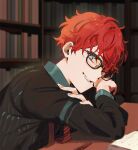  1boy black-framed_eyewear blue_eyes blush bookshelf commentary_request crossed_arms dated_commentary ensemble_stars! from_side glasses grin highres indoors library looking_at_viewer male_focus mayuakakun red_hair short_hair smile solo table undercut upper_body wooden_table yuuki_makoto_(ensemble_stars!) 