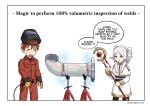  1boy 1girl border closed_eyes commentary dated elf english_commentary english_text frieren highres holding holding_staff industrial industrial_pipe looking_at_another no_nose open_mouth pointy_ears red_hair sbarky38 sousou_no_frieren speech_bubble staff stark_(sousou_no_frieren) tears twintails welding welding_mask white_hair 