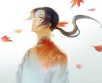  1boy arms_at_sides axis_powers_hetalia black_hair changpao china_(hetalia) chinese_clothes falling_leaves floating_hair from_side highres kanmuri_(hanyifan30338) leaf leaf_print long_hair looking_at_viewer male_focus maple_leaf motion_blur parted_bangs ponytail sideways_glance simple_background solo toggles upper_body white_background wind yellow_eyes 