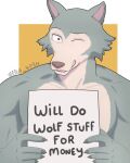 anthro beastars canid canine canis diko_artz english_text hi_res holding_object holding_sign legoshi_(beastars) looking_at_viewer male mammal muscular muscular_male one_eye_closed sign smile solo text wink winking_at_viewer wolf