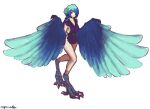  1girl absurdres apron artist_name bird_legs blue_flower blue_hair blue_wings breasts commentary english_commentary flower full_body gradient_hair gradient_wings hair_flower hair_ornament hair_over_one_eye harpy highres long_hair looking_at_viewer low_ponytail medium_breasts monster_girl multicolored_hair multicolored_wings myrneko naked_apron original purple_apron purple_eyes simple_background smile solo talons white_background wings 