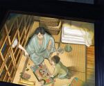  3boys basket bath_yukata board_game brown_hair child dice edo_mond_(edoedoedomond) from_above futon gegege_no_kitarou grin highres incense incense_burner japanese_clothes kimono kitarou_tanjou:_gegege_no_nazo male_focus medama_oyaji medama_oyaji_(human) mizuki_(gegege_no_kitarou) multiple_boys pajamas scar scar_on_face smile socks tatami tokiya_(gegege_no_kitarou) yukata 