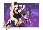  1girl arm_behind_head black_hair blue_nails border character_name enaka67 extra_arms flower gradient_background highres light_smile long_hair looking_at_viewer nico_robin one_piece purple_background solo sports_bra upper_body white_border 