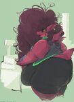 2024 anthro artist_name belly big_belly big_butt breasts brown_hair butt clothed clothing dated dragon ear_piercing female fingers hair hi_res huge_butt javanshir long_hair mahina_(javanshir) non-mammal_breasts obese obese_anthro obese_female overweight overweight_anthro overweight_female piercing red_body solo standing tail thick_thighs topwear yellow_sclera