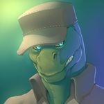  ambiguous_gender anthro clothed clothing faint hat headshot lizard looking_at_viewer reptile scalie solo teeth 
