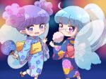  2girls :d ajisai_(fairilu) blue_eyes blue_hair blue_kimono blue_wings blunt_bangs character_request chibi cotton_candy double_bun earrings fairy fairy_wings floral_print food glasses hair_bun hand_fan holding holding_fan holding_food ikzw japanese_clothes jewelry kimono long_hair long_sleeves looking_at_viewer multiple_girls obi open_mouth paper_fan pointy_ears ponytail print_kimono purple_eyes purple_hair rilu_rilu_fairilu sash smile standing uchiwa wide_sleeves wings yukata 