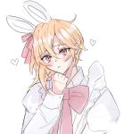  1boy androgynous blonde_hair bow ensemble_stars! hair_bow head_rest head_tilt heart highres looking_at_viewer male_focus miming0_0 nito_nazuna pink_bow red_bow red_eyes shirt short_hair_with_long_locks simple_background sketch solo white_background white_shirt 