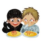  2boys :d aikawa_(dorohedoro) black_hair blonde_hair blush_stickers chibi colored_tips couple cropped_torso dorohedoro eating facial_mark food food_art food_request happy looking_at_another male_focus medium_sideburns multicolored_hair multiple_boys nishida_(pixiv_50671594) no_eyebrows plate risu_(dorohedoro) side-by-side smile thick_eyebrows yaoi 
