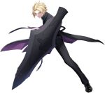  1boy black_pants black_suit blonde_hair blue_eyes coat counter:side fighting_stance full_body highres holding holding_shield looking_at_viewer male_focus official_alternate_costume official_alternate_hairstyle official_art pants roy_burnett shield short_hair simple_background suit tachi-e transparent_background trench_coat 