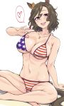  1girl american_flag_bikini animal_ears barefoot bikini breasts brown_eyes cleavage flag_print heart highres horse_ears horse_tail indian_style jewelry large_breasts looking_at_viewer miso_melon necklace open_mouth purple_eyes short_hair simple_background sitting smile solo spoken_heart swimsuit tail tap_dance_city_(umamusume) teeth umamusume upper_teeth_only wavy_hair white_background 