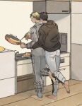  2boys absurdres aikawa_(dorohedoro) colored_tips cooking couple denim dorohedoro facial_mark food from_behind frying_pan full_body greyscale head_on_another&#039;s_shoulder highres holding holding_frying_pan hug hug_from_behind jeans kitchen male_focus medium_sideburns monochrome multicolored_hair multiple_boys nishida_(pixiv_50671594) no_eyebrows omelet pants risu_(dorohedoro) thick_eyebrows yaoi 