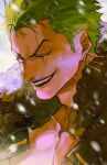  1boy black_coat coat earrings gold_earrings green_eyes green_hair highres jewelry looking_at_viewer male_focus one_eye_closed one_piece open_clothes roronoa_zoro scar scar_across_eye scar_on_chest smile upper_body vasan5555 