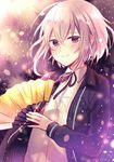  amane_kurumi blush fan folding_fan honebami_toushirou male_focus petals purple_eyes smile solo touken_ranbu touken_ranbu:_hanamaru white_hair 