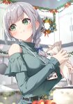  1girl absurdres alternate_costume belt black_belt blurry blurry_background blush bokeh braid breasts cake christmas christmas_wreath closed_mouth commentary depth_of_field food furrowed_brow green_eyes green_shirt grey_hair hair_over_shoulder highres holding hololive indoors kitchen lanyard large_breasts long_sleeves medium_hair pastry_bag pout shirogane_noel shirt side_braid single_braid solo tang-du turtleneck upper_body v-shaped_eyebrows virtual_youtuber wreath 
