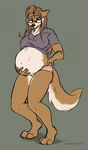  2017 anthro barefoot belly big_belly breasts brown_eyes brown_fur brown_hair canine clothed clothing english_text eyewear female fur glasses grey_background hair hand_on_stomach horsefever long_hair mammal navel pregnant shirt signature simple_background solo text underwear xanderblaze 