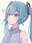  1girl :&lt; armpits blue_eyes blue_hair blush collared_shirt commentary_request hatsune_miku highres long_hair necktie shirt sleeveless sleeveless_shirt solo translated twintails upper_body vocaloid yasuno-labo 