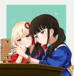  2girls black_hair blonde_hair blue_background blue_kimono blunt_bangs blush bracelet clenched_teeth closed_mouth commentary_request futaba_(rei-futaba) grin hair_ribbon head_rest highres inoue_takina japanese_clothes jenga jewelry kimono long_hair looking_at_another lycoris_recoil multiple_girls nishikigi_chisato official_alternate_costume one_side_up purple_eyes red_eyes red_kimono red_ribbon ribbon short_hair sidelocks smile sweatdrop teeth twintails 