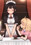  2girls apron black_dress black_hair blonde_hair blush candle closed_eyes closed_mouth cum cum_on_food cum_string cupcake dress drill_hair eating food highres indoors lemon_snail long_hair maid maid_headdress multiple_girls original pink_dress plate short_sleeves table white_apron window 