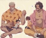  4boys belt black_hair blue_shorts boots child commentary_request crossed_legs dark-skinned_male dark_skin facial_hair gol_d._roger grey_hair hat heart highres jewelry looking_at_another male_focus monkey_d._garp monkey_d._luffy multiple_boys mustache necklace old old_man on_lap one_piece open_clothes open_shirt ovasayuri pants pink_shirt portgas_d._ace profile puff_of_air sandals scar scar_on_face shirt short_hair shorts sigh smile straw_hat tank_top white_shirt wrinkled_skin yellow_pants 