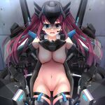  1girl absurdres blue_eyes blush breasts cockpit embarrassed helvetica_std highres mecha mechanical_parts microphone navel nipples non-web_source nude olina_volka_(helvetica_std) open_mouth original pussy red_hair robot sitting solo thighs twintails 