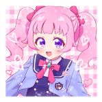  1girl :d aozora_himari blue_jacket blunt_bangs border bow chii_(chi_pppuri) commentary_request cropped_jacket hair_bow heart highres himitsu_no_aipri jacket long_hair long_sleeves looking_at_viewer neck_ribbon open_mouth pink_bow pink_hair pink_ribbon pretty_series purple_eyes ribbon school_uniform smile solo sparkle twintails upper_body white_border 