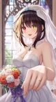  1girl :d absurdres arus bare_shoulders black_hair bouquet breasts bridal_veil bride cleavage clock_eyes commentary_request date_a_live dress english_commentary flower happy heterochromia highres holding holding_bouquet jewelry looking_at_viewer medium_breasts mixed-language_commentary open_mouth ornate_ring red_eyes revision ring smile solo symbol-shaped_pupils tokisaki_kurumi veil wedding wedding_dress wedding_ring white_dress window yellow_eyes 