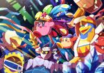  absurdres armor bandana bandana_waddle_dee bat_wings blue_bandana colored_skin confetti disembodied_limb festival_kirby galaxia_(sword) gloves highres holding holding_sword holding_weapon instrument king_dedede kirby kirby&#039;s_return_to_dream_land_deluxe kirby_(series) magolor meta_knight no_humans pauldrons pink_skin shoulder_armor solid_oval_eyes star_(symbol) sword tambourine watawata22 weapon wings yellow_eyes yellow_gloves 