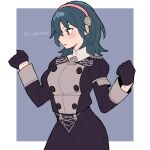  1girl black_gloves black_skirt blue_background blue_eyes blue_hair border breasts byleth_(female)_(fire_emblem) byleth_(fire_emblem) do_m_kaeru fire_emblem fire_emblem:_three_houses gloves hairband looking_to_the_side medium_hair outside_border parted_lips pink_hairband skirt solo turtleneck white_border 