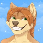 1:1 ambiguous_gender anthro canid corzh77 fangs front_view fur glistening glistening_eyes green_eyes grin hair inner_ear_fluff looking_aside mammal orange_body orange_fur orange_hair smile solo tan_body tan_fur tan_inner_ear_fluff teeth tuft