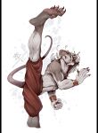 action_pose anthro barefoot claws clothing feet fighting_pose hair hi_res kick kredri male mammal murid murine muscular paws pose rat rodent simple_background soles solo tail toe_claws toes