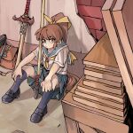  1girl bag bow bowtie box brown_hair closed_mouth long_hair looking_at_viewer orange_eyes original outdoors polearm rightorisamraido3 school_uniform sitting skirt solo spear sword very_long_hair weapon yellow_bow yellow_bowtie 