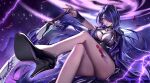  1girl absurdres acheron_(honkai:_star_rail) bare_legs black_choker black_footwear breasts choker cleavage commentary crossed_legs foot_out_of_frame high_heels highres honkai:_star_rail honkai_(series) katana large_breasts leg_tattoo long_hair purple_eyes purple_hair ringeko-chan scabbard sheath sheathed sitting solo sword tattoo thighs very_long_hair weapon wristband 