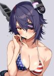  1girl american_flag american_flag_bikini american_flag_print bare_shoulders bikini blush breasts cleavage eyepatch flag_print grey_background headgear kantai_collection looking_at_viewer medium_breasts open_mouth print_swimsuit purple_hair sawamura_aoi shiny_skin short_hair shorts skindentation solo strap_pull swimsuit tenryuu_(kancolle) yellow_eyes 