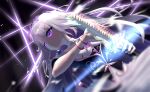  1girl black_background bracelet chromatic_aberration grey_hair highres hololive hololive_english iaidou jewelry katana koseki_bijou koseki_bijou_(1st_costume) long_hair purple_eyes slashing sword varsien virtual_youtuber weapon yamato_(sword) 