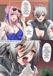  2girls ;d arknights bare_shoulders bead_choker blurry blurry_background bottle breasts camisole ceylon_(arknights) ceylon_(holiday)_(arknights) cleavage commentary double_bun english_commentary english_text eyewear_on_head grey_hair grey_scarf hair_bun halterneck highres holding holding_bottle jacket licking long_hair looking_at_viewer medium_breasts multiple_girls off_shoulder official_alternate_costume one_eye_closed open_clothes open_jacket open_mouth pink_hair scarf schwarz_(arknights) smile spaghetti_strap speech_bubble sunglasses symmetricturd tongue tongue_out upper_body white_jacket yellow_eyes 