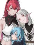  3girls absurdres ahoge black_hairband black_robe blue_eyes blue_hair closed_mouth demon_girl dress elf eris_greyrat grey_hair hairband highres long_hair looking_at_viewer midriff multiple_girls mushoku_tensei navel pointy_ears red_eyes red_hair robe roxy_migurdia shirt simple_background sleeveless sleeveless_shirt sylphiette_(mushoku_tensei) tokita_(mag0) white_background white_dress white_shirt 