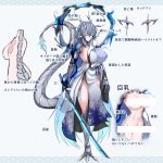 1girl absurdres bar_censor blue_eyes blue_hair breasts censored chinese_zodiac claws closed_eyes dragon dragon_claw dragon_girl dragon_horns dragon_tail g_(genesis1556) grey_hair heterochromia highres holding holding_sword holding_weapon horns japanese_clothes kimono large_breasts mechanical_arms monster_girl multicolored_hair multiple_scars multiple_views no_panties original pointy_ears prosthesis prosthetic_arm purple_eyes reference_sheet scales scar scar_across_eye shark sideboob single_mechanical_arm solo sword tail two-tone_hair weapon year_of_the_dragon 