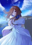 1girl bare_shoulders blue_eyes blue_sky blush brown_hair cityscape collarbone commentary cowboy_shot day dress english_text enpera eyebrows_hidden_by_hair eyelashes floating_hair gloves go-toubun_no_hanayome grin hand_up head_wreath headphones headphones_around_neck highres long_hair looking_at_viewer mojyu_saico nakano_miku off-shoulder_dress off_shoulder official_alternate_costume outdoors sidelighting sky smile solo wedding_dress white_dress white_gloves wind 