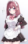  1girl apron blue_eyes blush hair_ornament long_hair long_sleeves maid maid_apron maid_headdress open_mouth original pink_ribbon ribbon simamura_hibari sweat 