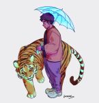  1boy animal brown_hair centipearl commentary crocs curly_hair english_commentary facial_hair full_body grey_background highres holding holding_umbrella jacket long_sleeves male_focus mob_psycho_100 pants serizawa_katsuya short_hair signature simple_background standing tiger umbrella 